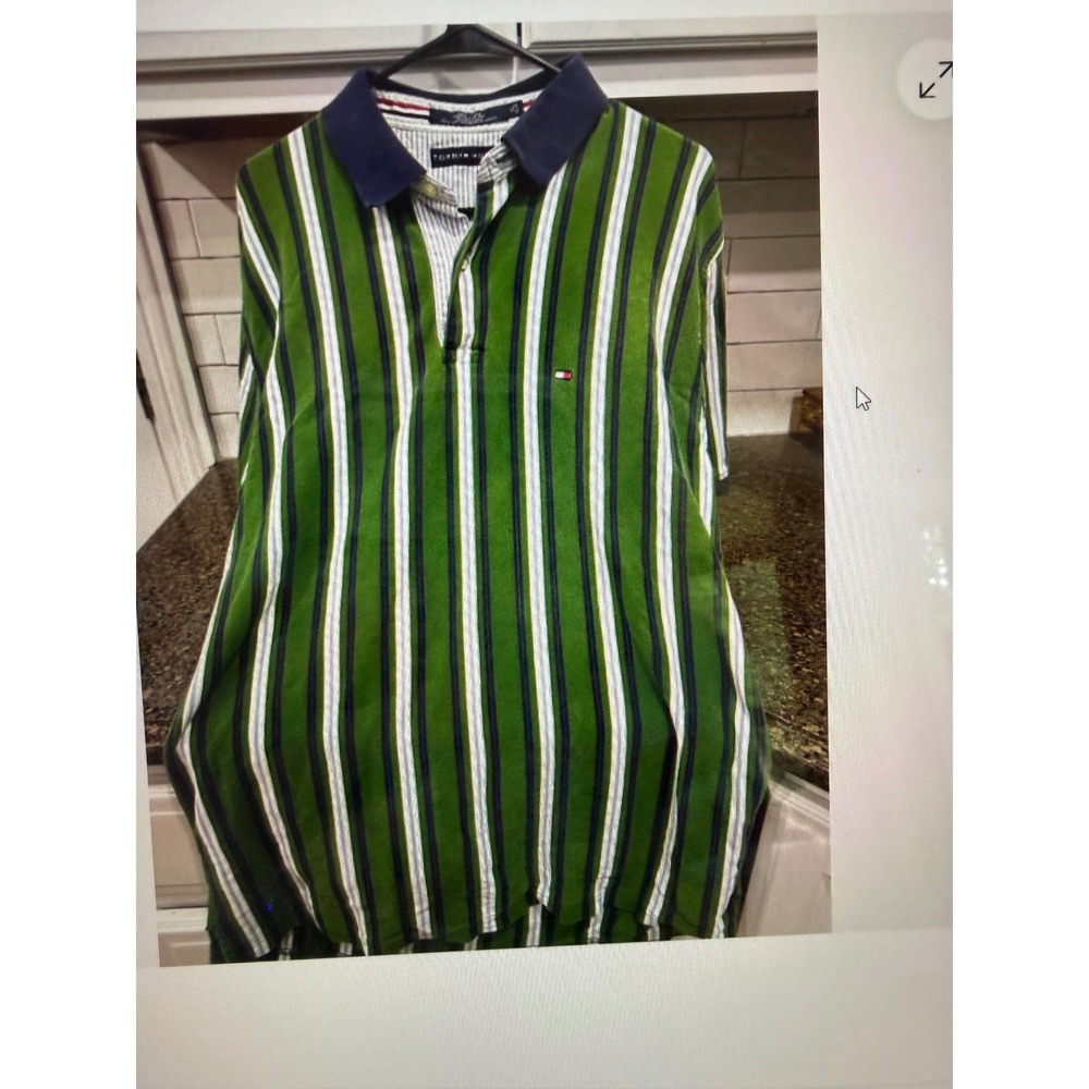 Tommy Hilfiger Mens XL Green Vertical Stripe Cotton Pique Short Sleeve Polo